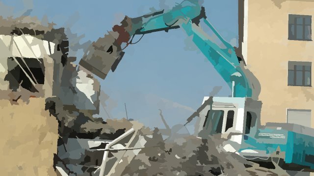 Watercolor image of backhoe tearing down a building